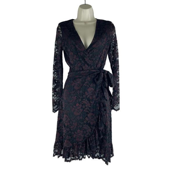 Ganni Flynn Lace Ruffle Wrap Dress Burgundy Black Size 2 - Picture 3 of 11